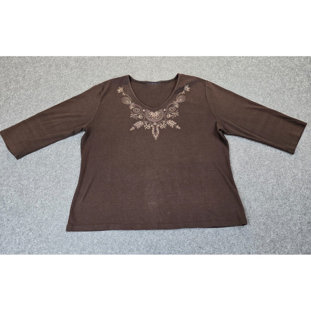 Womens Top Brown Floral Embroidered Casual Wear Knit Long Sleeve V Neck Pullover